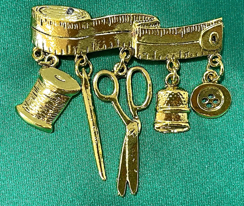 NWOT Sewing Tools Charm Brooch Pin Needle Spool Scissors Thimble Button